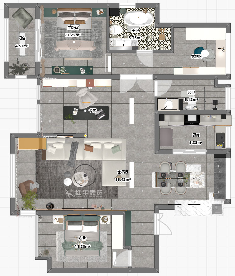 陶阳｜创维文汇苑29-2-804-128㎡-现代简约风格｜4室2厅2卫｜毛坯房装修｜定制家｜全包16万｜00_03平面彩图